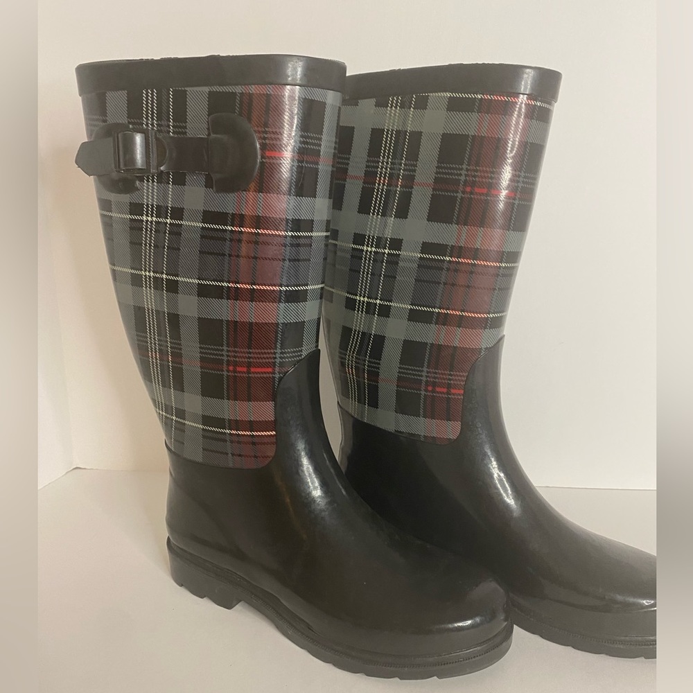 Women's Capelli New York Plaid Lined Rain Boots Rubber Size 7 Adj. Strap/Buckle